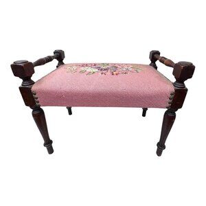 Antique Mahogany Floral Needlepoint Piano Bench Wood Upholstered Footstool 17x9